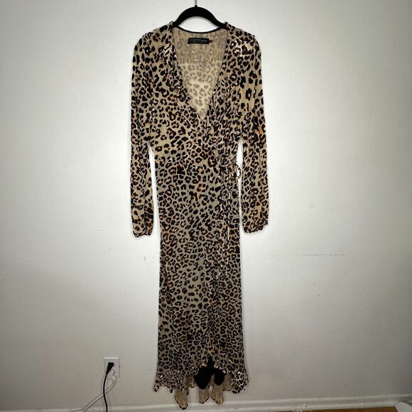 House of Harlow 1960 Cheetah Print Lafayette Wrap Front Tie Maxi Dress Ruffle L - Picture 3 of 16